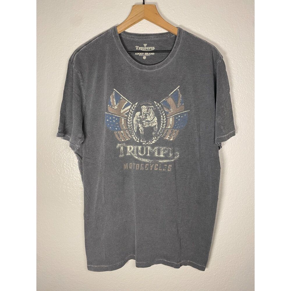 Lucky Brand Triumph Motorcycles Shirt Mens XL Gray British Bulldog Flag Tee